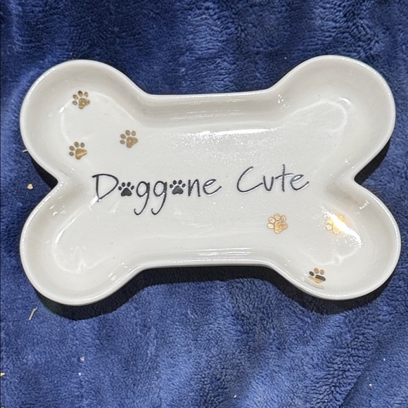 Other - Doggone Cute Bone-Shaped Ceramic Dish - White with Gold Paw Prints